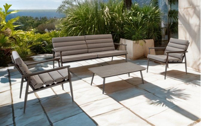 Grafitowy HARPER zestaw wypoczynkowy ogrodowy sofa 2‑osobowa, 2 fotele, stolik, aluminium 