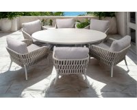 Zestaw stołowy ogrodowy BURGOS Low Dining dla 6 osób: 6 foteli z plecionką Rope i poduszkami Olefin oraz stół DAVOS 220x120 cm z kamiennym blatem. Aluminiowa konstrukcja w kolorze beżowym.