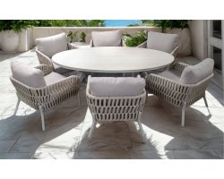 Zestaw stołowy ogrodowy BURGOS Low Dining dla 6 osób: 6 foteli z plecionką Rope i poduszkami Olefin oraz stół DAVOS 220x120 cm z kamiennym blatem. Aluminiowa konstrukcja w kolorze beżowym.