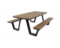 Stól ogrodowy aluminiowy z ławkami grafitowy blat teak AREZZO