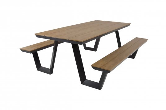 Stól ogrodowy aluminiowy z ławkami grafitowy blat teak AREZZO