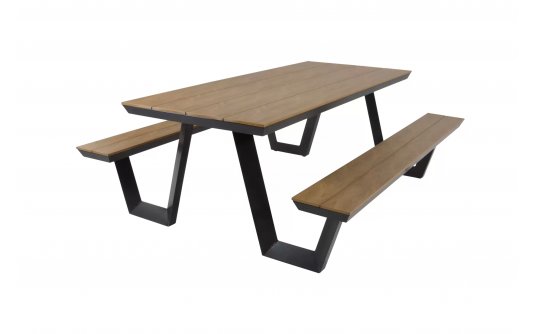 Stól ogrodowy aluminiowy z ławkami grafitowy blat teak AREZZO Stól ogrodowy aluminiowy z ławkami grafitowy blat teak AREZZO