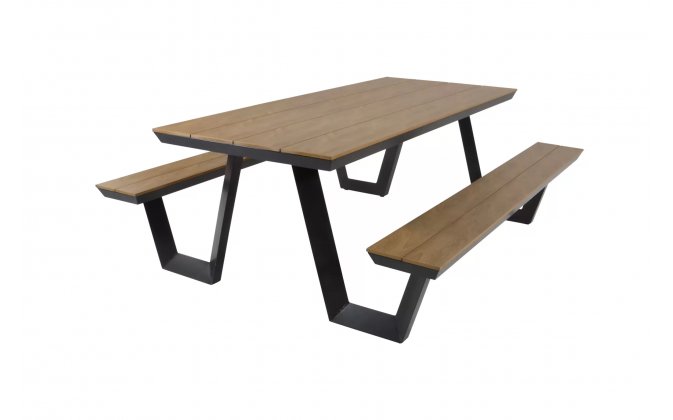 Stól ogrodowy aluminiowy z ławkami grafitowy blat teak AREZZO