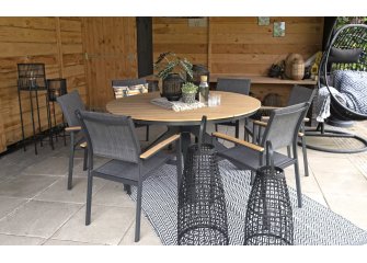 Okrągły stół ogrodowy aluminiowy antracyt blat kompozyt teak śr. 150 AREZZO