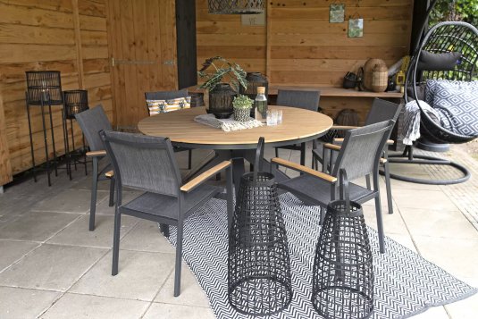 Okrągły stół ogrodowy aluminiowy antracyt blat kompozyt teak śr. 150 AREZZO