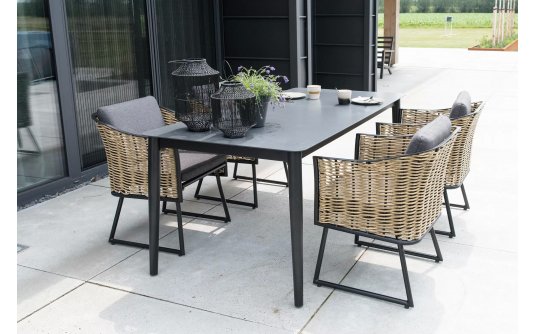 Zestaw stołowy na taras aluminiowo-technorattanowy kolor naturalny SOLAMENTE Zestaw stołowy na taras aluminiowo-technorattanowy kolor naturalny SOLAMENTE