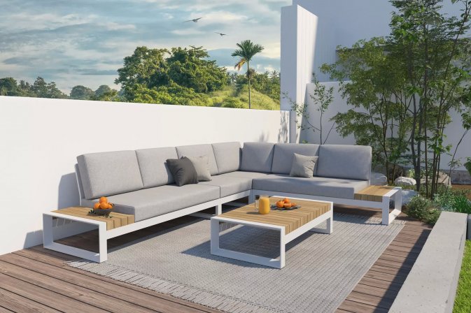 Modułowy narożnik ogrodowy aluminiowy biały teak MATISSE 4SO