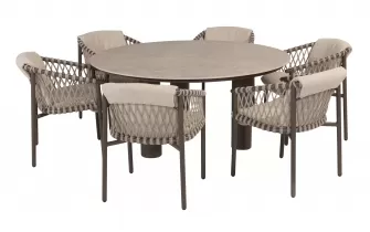 Zestaw stołowy ALLORA brązowobeżowy aluminowy z okragłym stołem d160 blat ceramiczny