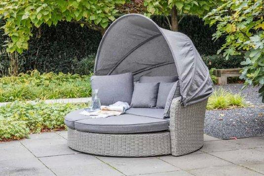 Sofa łóżko ogrodowe okragłe ogrodowe z technorattanu z daszkiem ZONNE