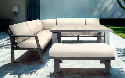 Narożnik ogrodowy ESTORIL aluminiowy 6‑osobowy – aluminium antracyt, poduszki Olefin beżowe Narożnik ogrodowy ESTORIL aluminiowy 6‑osobowy – aluminium antracyt, poduszki Olefin beżowe