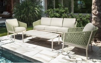 ZAYA zestaw ogrodowy wypoczynkowy – sofa 3‑osobowa, fotele, stolik, aluminium beżowy