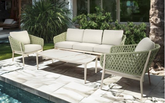 ZAYA zestaw ogrodowy wypoczynkowy – sofa 3‑osobowa, fotele, stolik, aluminium beżowy