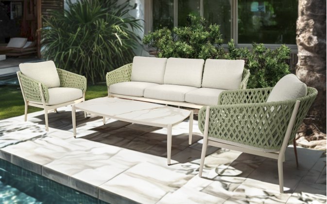 ZAYA zestaw ogrodowy wypoczynkowy – sofa 3‑osobowa, fotele, stolik, aluminium beżowy