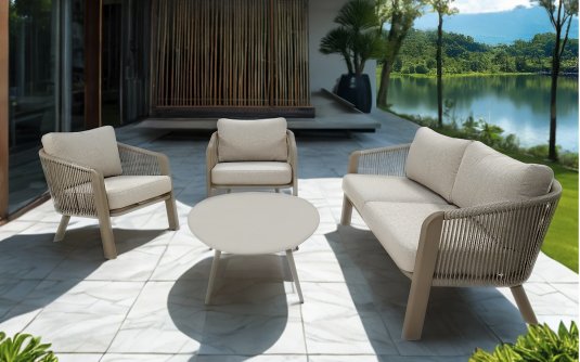 Zestaw ogrodowy TANOA Lesli Living — sofa 3‑osobowa, fotele i stolik, aluminium taupe z liną Zestaw ogrodowy TANOA Lesli Living — sofa 3‑osobowa, fotele i stolik, aluminium taupe z liną