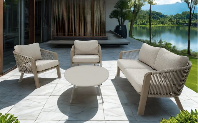 Zestaw ogrodowy TANOA Lesli Living — sofa 3‑osobowa, fotele i stolik, aluminium taupe z liną