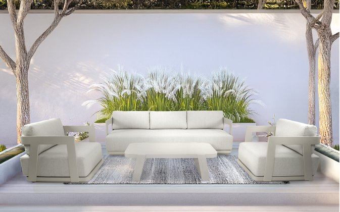 Komplet wypoczynkowy na taras jasnobeżowy MAKAI z sofą, 2 fotelami i stolikiem