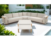 MEZIO narożnik ogrodowy aluminiowy tapicerowany, aluminium beż mat, poduszki Olefin beżowe, stoliki alu