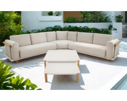 MEZIO narożnik ogrodowy aluminiowy tapicerowany, aluminium beż mat, poduszki Olefin beżowe, stoliki alu