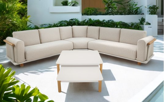 MEZIO narożnik ogrodowy aluminiowy tapicerowany, aluminium beż mat, poduszki Olefin beżowe, stoliki alu