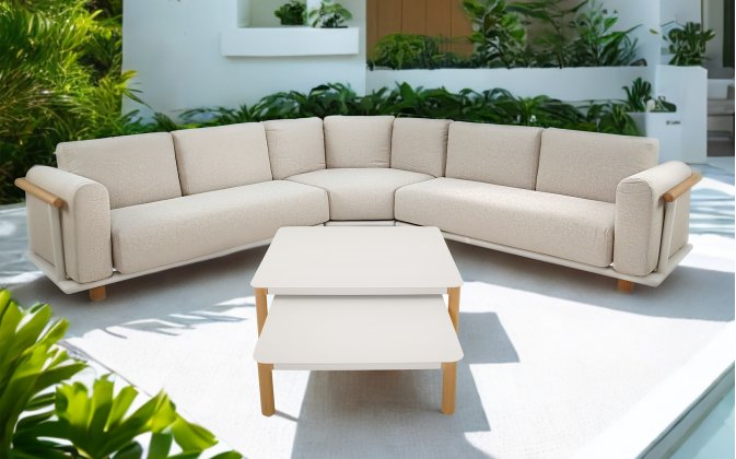 MEZIO narożnik ogrodowy aluminiowy tapicerowany, aluminium beż mat, poduszki Olefin beżowe, stoliki alu