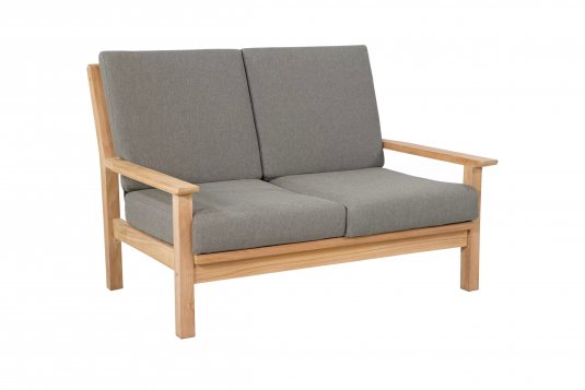 Sofa 2-osobowa z drewna teak z bezowymi poduszkami LOUNG