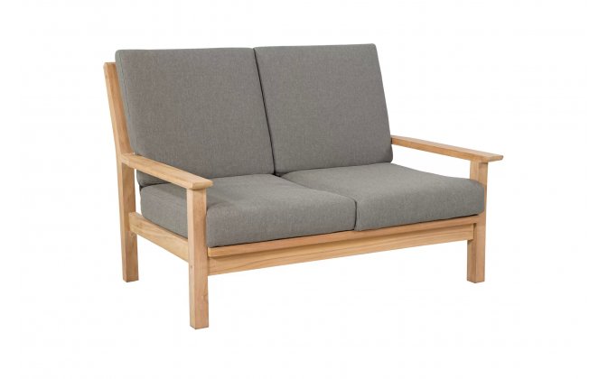Sofa 2-osobowa z drewna teak z bezowymi poduszkami LOUNG