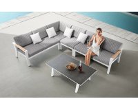 Nowoczesny narożnik ogrodowy biały z szarymi poduszkami Olefin Higold