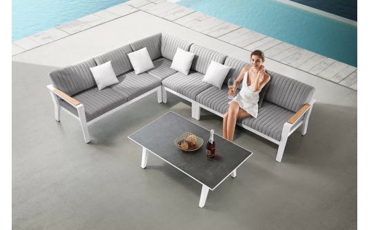 Nowoczesny narożnik ogrodowy biały z szarymi poduszkami Olefin Higold