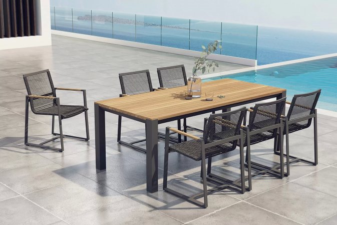 Grafitowy stół ogrodowy z blatem teak RIDGE 220 4so