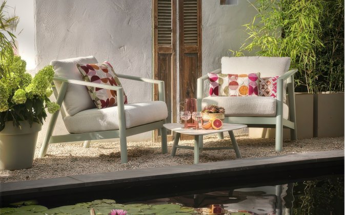 Zestaw balkonowy RANA aluminium poduszki stolik szerokość fotela 85 cm kolor soft green lub beż