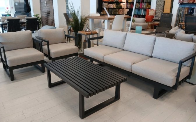 Ciemnoszary komplet wypoczynkowy z szarobeżowymi poduszkami CALABRIA Hartman