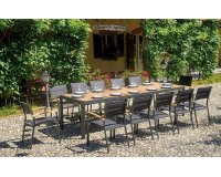 Antracytowy komplet stołowy z blatem teak dla 8 osób ANELLE 200-300