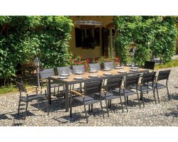 Antracytowy komplet stołowy z blatem teak dla 8 osób ANELLE 200-300