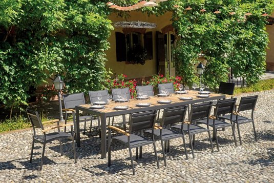 Antracytowy komplet stołowy z blatem teak dla 8 osób ANELLE 200-300