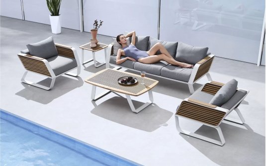 Luksusowy zestaw ogrodowy wypoczynkowy białe alumunium Sunbrella WING Higold