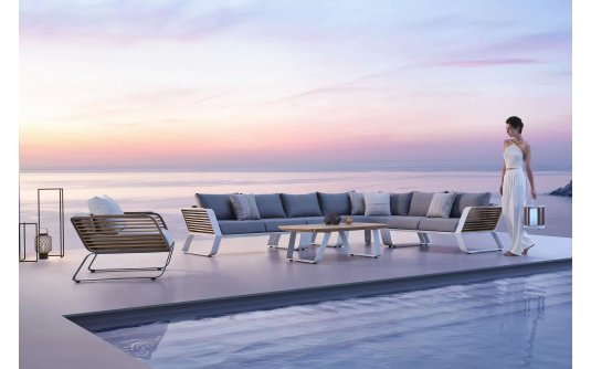 Nowoczesny narożnik ogrodowy wypoczynkowy WING Higold biały  / teak