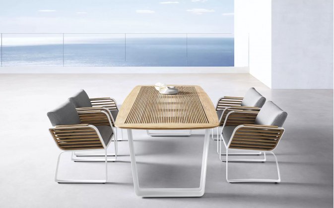 Luksusowe meble obiadowe ogrodowe białe aluminium szare poduszki WING Higold