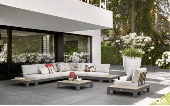 STICKS AND MORE narożnik na taras modułowy 346×346 aluminium taupe z poduszkami Bee Wett i blatami t