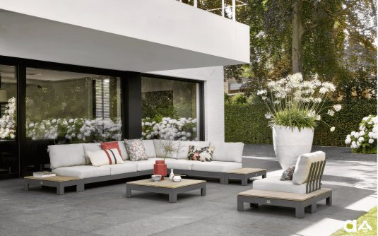 STICKS AND MORE narożnik na taras modułowy 346×346 aluminium taupe z poduszkami Bee Wett i blatami t