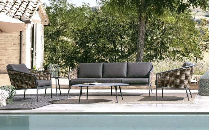 Ciemnoszare meble ogrodowe wypoczynkowe aluminiowe boki technorattan MARIBELA bizzotto 