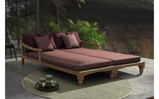 Zestaw 2 sofa / łóżko ogrodowe z teaku BALI bizzotto poduszki bordowe