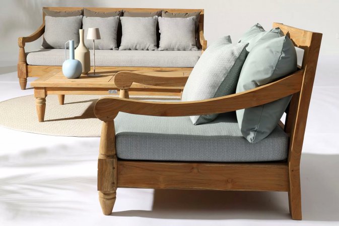 Sofa z drewna teakowego głeboka poduszki zielonoszare BALI bizzotto
