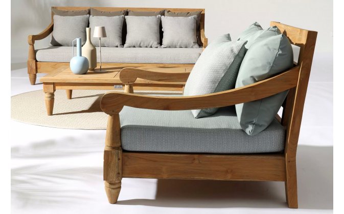 Sofa z drewna teakowego głeboka poduszki zielonoszare BALI bizzotto