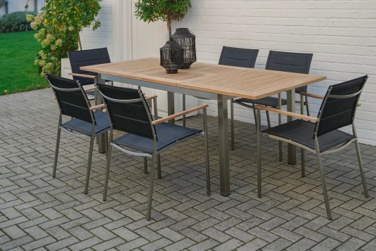 Zestaw ogroodwy do jadalni Stal nierdzewna stół rozkładany blat teak MARMARIS 152-210