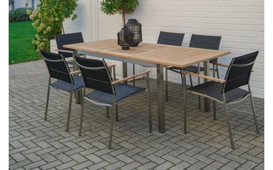 Zestaw ogroodwy do jadalni Stal nierdzewna stół rozkładany blat teak MARMARIS 152-210 Zestaw ogroodwy do jadalni Stal nierdzewna stół rozkładany blat teak MARMARIS 152-210
