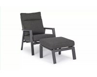 Szary fotel na taras z aluminium z pochylanymi oparciami i podnóżkiem KLEDI bizzotto z podnóżkiem i stolikiem