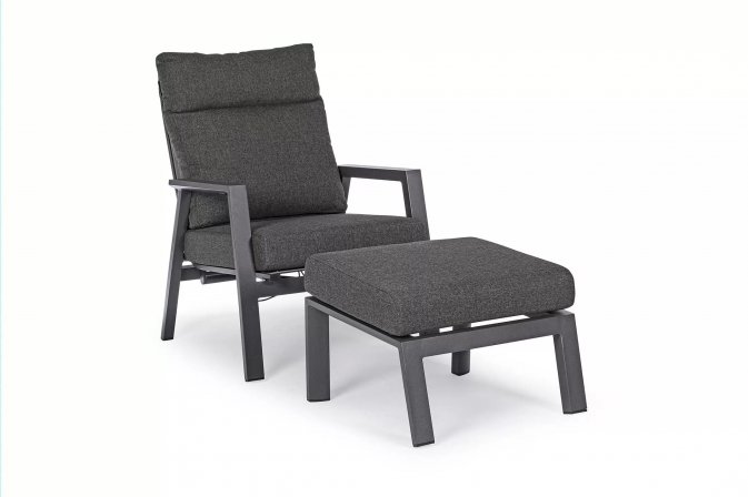 Szary fotel na taras z aluminium z pochylanymi oparciami i podnóżkiem KLEDI bizzotto z podnóżkiem i stolikiem