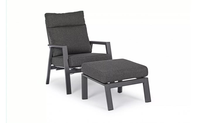 Szary fotel na taras z aluminium z pochylanymi oparciami i podnóżkiem KLEDI bizzotto z podnóżkiem i stolikiem