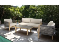 SORA zestaw ogrodowy wypoczynkowy aluminium woodlook, poduszki Olefin, stolik SprayStone