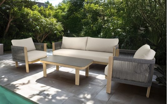 SORA zestaw ogrodowy wypoczynkowy aluminium woodlook, poduszki Olefin, stolik SprayStone SORA zestaw ogrodowy wypoczynkowy aluminium woodlook, poduszki Olefin, stolik SprayStone